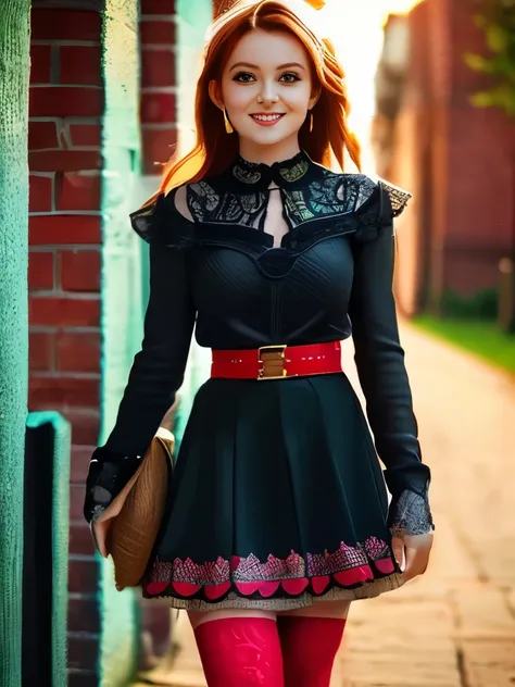 a girl wearing a vintage-inspired outfit, long-sleeved black blouse, intricate lace detailing at the collar, high-waisted skirt, traditional ethnic patterns in black and red, contrasting red petticoat, wide belt with ornate metallic decoration, patterned t...