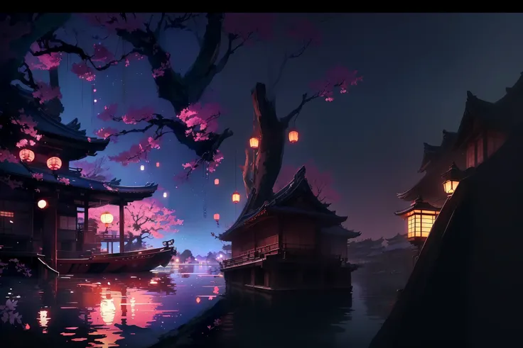 there is a boat floating in the water with lanterns on it, japanese art style, anime background art, anime background, ross tran. scenic background, anime art wallpaper 4 k, anime art wallpaper 4k, beautiful anime scene, cyberpunk japanese temple, backgrou...