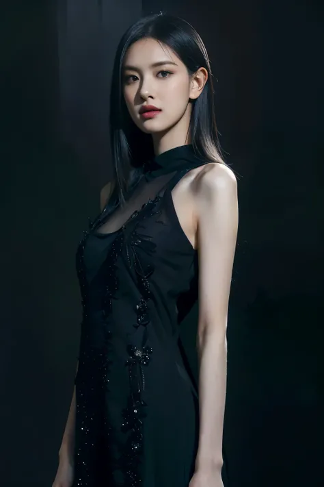 standing girl, beautiful detailed eyes, beautiful detailed lips, extremely detailed face and skin, long black hair, wearing a long black dress, dark fantasy background, (best quality,4k,8k,highres,masterpiece:1.2),ultra-detailed,(realistic,photorealistic,p...
