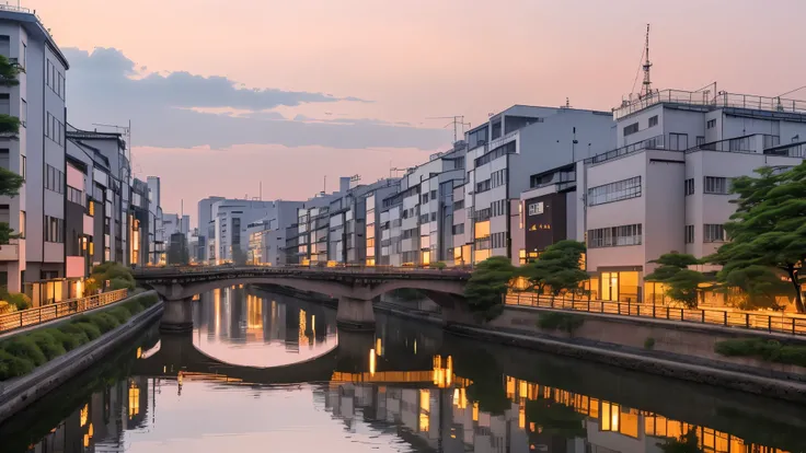 An urban landscape like Kiba in Tokyo at dusk, with narrow downtown and a calm river reflecting soft lights. The sky is in fantasic shades of beautiful pink and orange, creating a melancholic and serene atmosphere. (8k), (masterpiece)