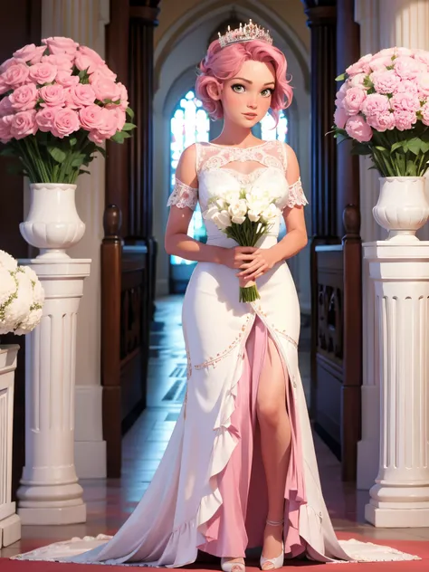 ((solo)), alone, bride, wearing a white wedding dress, queen, happy, ((forehead to show)), standing, entering the church, pink hair, short hair, delicate, young, short hair, detailed face, high definition, ((full body)), (flowers around her), full body, sh...