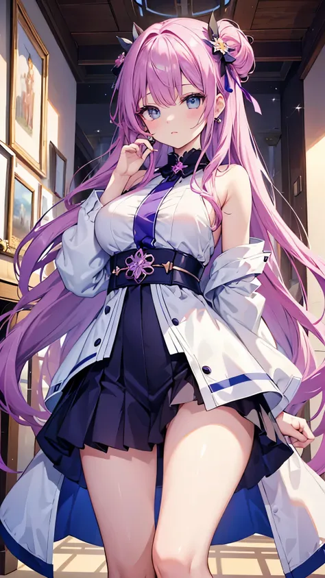 ((Best Quality)),(Ultra-high resolution),(Super detailed),(Detailed Description),((The best CG)),(masterpiece),Highly detailed art,(Art with precise detail:1.5), silk, Lavender colored hair, Blue Eyes, Cream skin, Charming, Slender