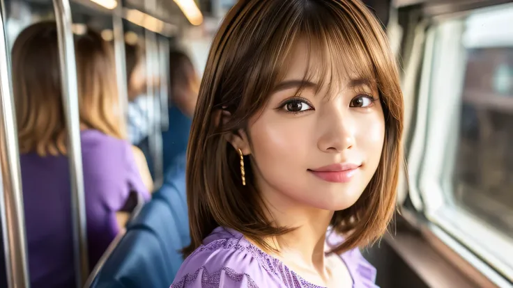 ((Masterpiece,Photo realistic)), (((8K,Best Quality: 1.5))), ((Super Detail: 1.5)) , Cute Woman,Beautiful woman,Japanese,Age 25,((inside the train)),Ultra-detailed facial features, smile, Detailed Texture, Natural Skin Shader, photograph,Full Body,standing...