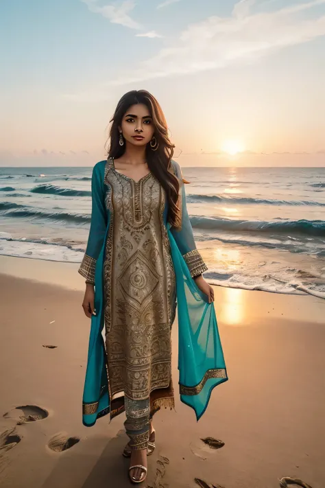 lovely cute young attractive indian girl, brown eyes, gorgeous actress, 2, cute, an Instagram model, long blonde_hair, colorful hair, summer, Indian, wearing salwar-kameez and dupatta, background Create a photo of an Indian Instagram influencer at the beac...