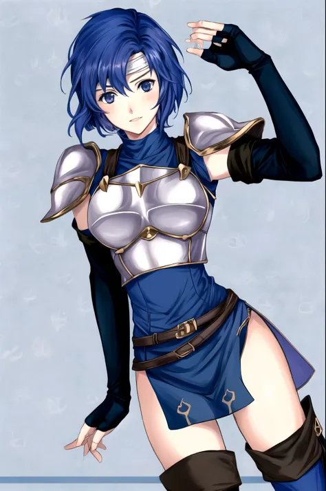 catria_og, 1girl, solo, thighhighs, gloves, elbow gloves, fingerless gloves, armor, headband, breastplate, pegasus knight unifor...