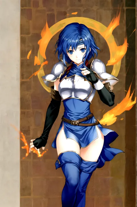 catria_og, 1girl, solo, thighhighs, gloves, elbow gloves, fingerless gloves, armor, headband, breastplate, pegasus knight unifor...