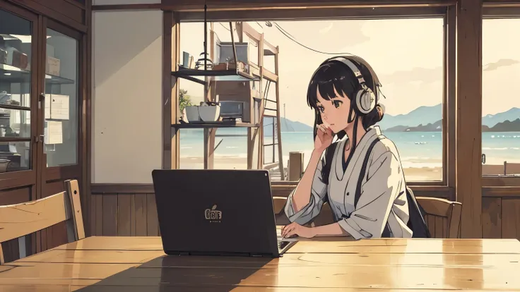 a girl study and working wearing headphones, looking at the laptop, masterpiece,最high quality,Very detailed,High resolution backgrounds, 8k, there is nothing, high quality, break, Japanese manga style, sketch, Watercolor Colors,Cafe with a nice atmosphere,...