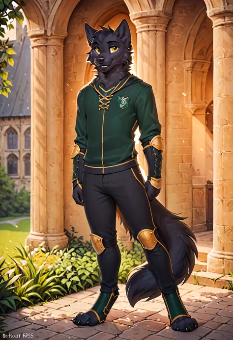 in the style of f-r95, in the style of zaush, in the style of binxxy, solo, (anthro), male, wolf, black fur, all black fur, digitigrade legs, paws, gold eyes, evening lighting, standing, posing for a picture, smiling at viewer, hogsks. hogwarts uniform, sl...