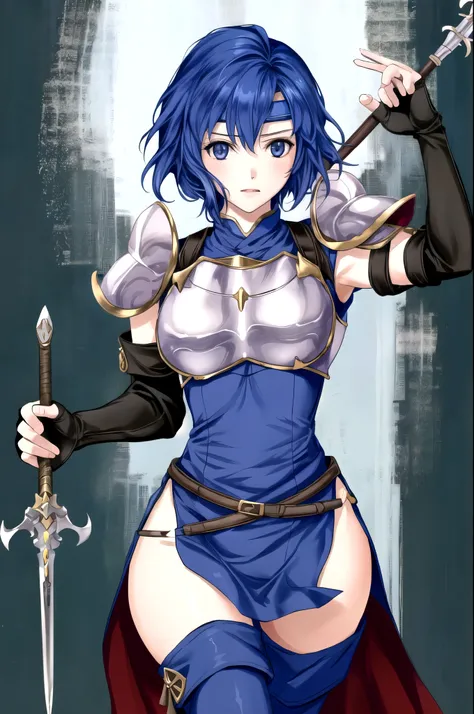 catria_og, 1girl, solo, thighhighs, gloves, elbow gloves, fingerless gloves, armor, headband, breastplate, pegasus knight unifor...