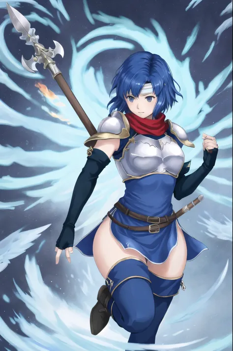 catria_og, 1girl, solo, thighhighs, gloves, elbow gloves, fingerless gloves, armor, headband, breastplate, pegasus knight uniform (fire emblem), holding spear, spear, holding, holding weapon, holding polearm