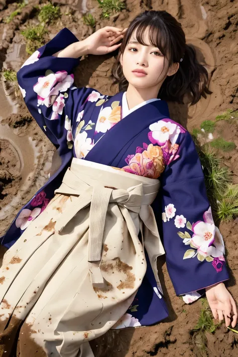 realistic, hakama, japanese clothing, woman, furisode, clothes that stick to the skin, muddy clothes, clothes stained with mud, ...