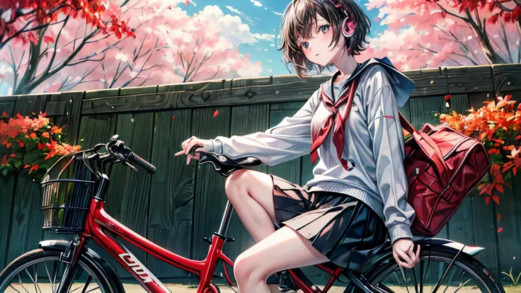 ((masterpiece, Best Quality, Super Fine, High resolution)), Listening to music on headphones、High school girl leaning on bicycle　The leaves are turning a little red.　Short Hair　Japanese anime style