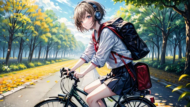 ((masterpiece, Best Quality, Super Fine, High resolution)), Listening to music on headphones、High school girl leaning on bicycle　The leaves are turning slightly yellow and red.　Short Hair　Japanese anime style