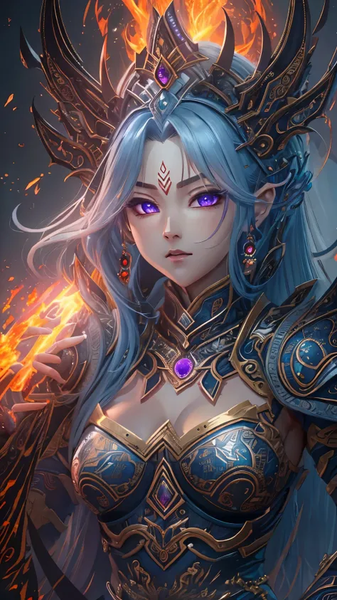 ((Best Quality)),(Ultra-high resolution),(Super detailed),(Detailed Description),((The best CG)),(masterpiece),Highly detailed art,(Art with precise detail:1.5), Warrior Princess, obsidian, guardian, Indigo Hair, Purple Eyes, Mystical characters, Complex A...