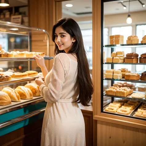 lovely cute young attractive indian girl, brown eyes, cute, an Instagram model, long blonde_hair, colorful hair, , Indian, wearing salwar-kameez and dupatta, background and pose Create an image of a young woman standing outside a cozy bakery, gazing at the...