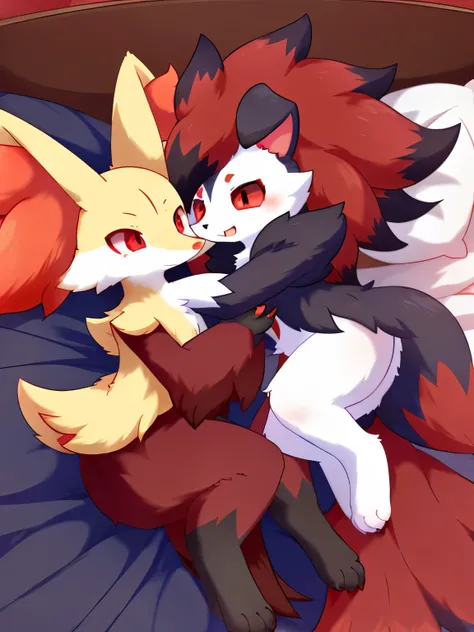 by: nakimayo，a midnight lycanroc and a zoroark,,smile，(red eyes: 1.5)， All body，toe claws,teeth,tail，4 toes ，bed, sleeping together, in bedroom,friends, hug delphox,the  midnight lycanroc sleeping on the delphox
