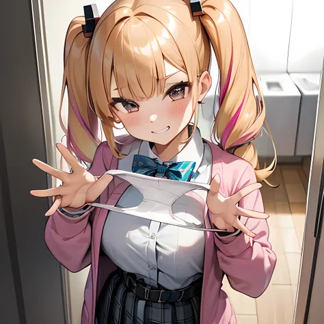 1girl,
Laundry room, laundry bascket, a few underwears are in a laundry bascket,
blonde hair, {{{half twin tail:1.3}}}、BREAK,gyaru, shirt, plaid, bow, blush, white shirt, hair ornament, nail polish, plaid skirt, bowtie, pleated skirt, multicolored hair, bl...