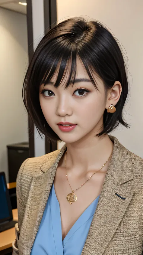 RAW Photos, High resolution, Very detailed, Intricate details, 、ear piercing、、short hair、ウェーブのかかった髪、Black Hair、、Office Lady Suits 、Jacket、shirt、Heavy makeup、Necklace around the neck、, The background is the office
