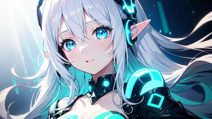 (elf), (Blonde hair, ), (forest, mist, side lighting, best lighting), , ((Best Quality:1.0)、(Ultra-high resolution:1.0)、、(Blue eyes shining white:1.5)、(Blue eyes with a strong white light shining from within:1.5)Headphones、Half-body portrait、Very bright an...