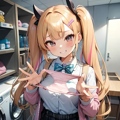 1girl,
Laundry room, laundry bascket, a few underwears are in a laundry bascket,
blonde hair, {{{half twin tail:1.3}}}、BREAK,gyaru, shirt, plaid, bow, blush, white shirt, hair ornament, nail polish, plaid skirt, bowtie, pleated skirt, multicolored hair, bl...