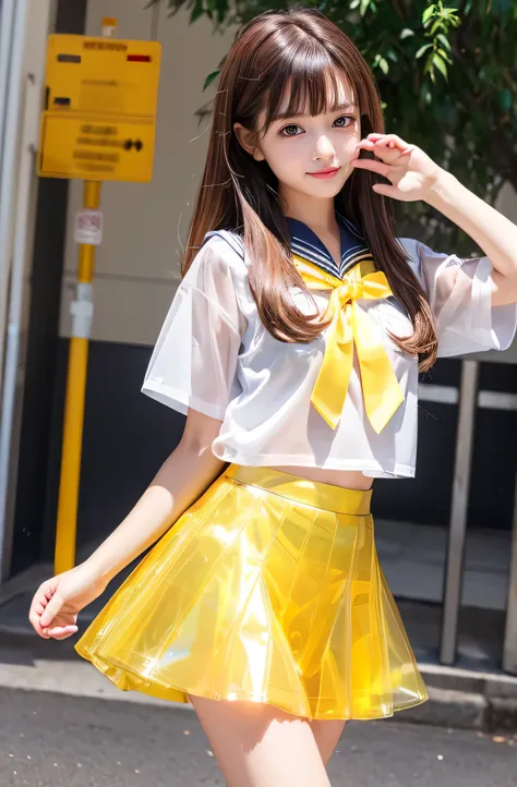 (Very beautiful cute girl), (very cute face:1.2),(baby face),(sparking clear attractive large eyes:1.2), Beautiful detailed eyes, Detailed double eyelids, smiling, (realistic photograph:1.1), in the street,
(super shiny metallic yellow transparent holograp...