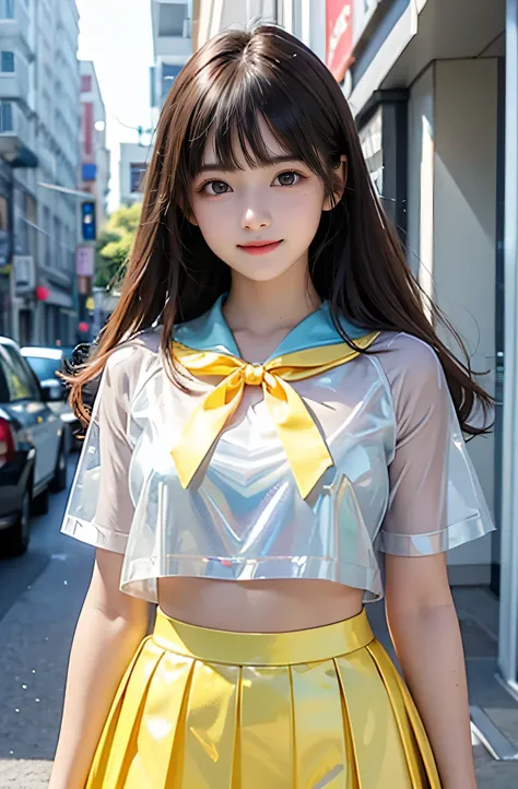 (Very beautiful cute girl), (very cute face:1.2),(baby face),(sparking clear attractive large eyes:1.2), Beautiful detailed eyes, Detailed double eyelids, smiling, (realistic photograph:1.1), in the street,
(super shiny metallic yellow transparent holograp...