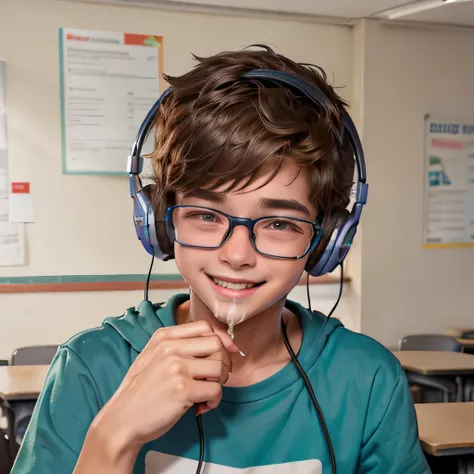 Teenager young 11yr handsome bony boy blush passionate,wearing glasses and headphone,cute smile,happy,cum inside,webtoon style,in school,perfect face