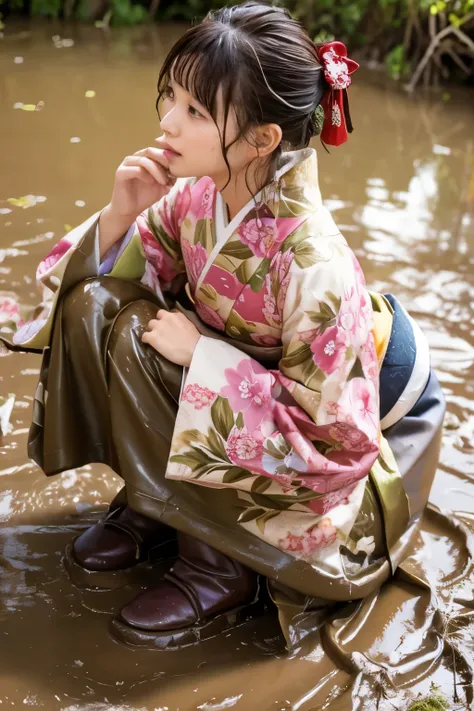 realistic, hakama, kimono, woman, furisode, clothes that stick to the skin, muddy clothes, clothes stained with mud, immersed in muddy water, buried in mud, clothes with lots of mud, woman immersed in muddy water, clothes with mud all over the body, woman ...