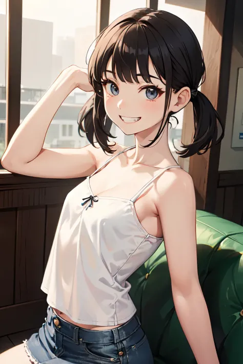 (8k、Best Quality、Best Quality、masterpiece)、Detailed face、One Girl、 Black Hair、Short Hair、Twin tails、Blunt bangs、Grey Eyes、Wicked Smile、((Grin))、Small breasts、((White camisole))、((Denim mini skirt))、Cowboy Shot、((It&#39;s over))、Back Alley Background、Very l...