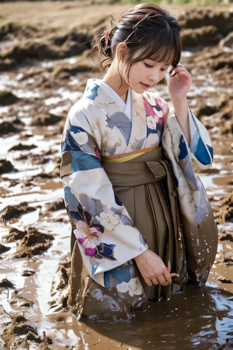 realistic, hakama, kimono, woman, furisode, clothes that stick to the skin, muddy clothes, clothes stained with mud, immersed in...