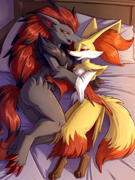 by: fuf，a delphox，a zoroark,openmouth,，(red eyes: 1.5)， All body，toe claws,teeth,tail，4 toes ，bed, sleeping together, in bedroom,friends, hug delphox,the delphox sleeping on the zoroark
