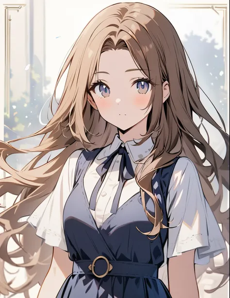 One girl, Long Hair, Brown Hair, (Center Parting), Navy blue dress