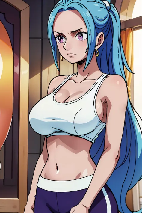 cute girls,round purple eyes, blue hair、[without a bra、medium to long straight hairstyle，、（bigboobs,，she wear a white top,  blue...