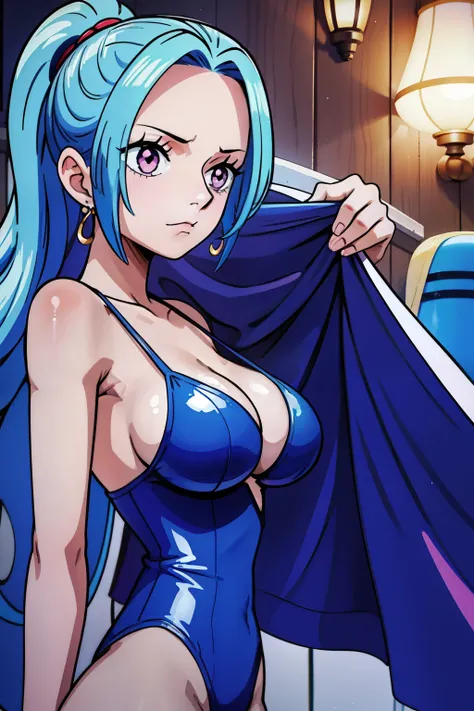 Cute girls,round purple eyes, blue hair、[without a bra、Medium to long straight hairstyle，、（Bigboobs,，she Wear a blue latex swimsuit,  blue latex swimuit，In a rental house，esta de pie，evening，it was raining outside，Upper .,cuerpo completo,white top,blue lat...