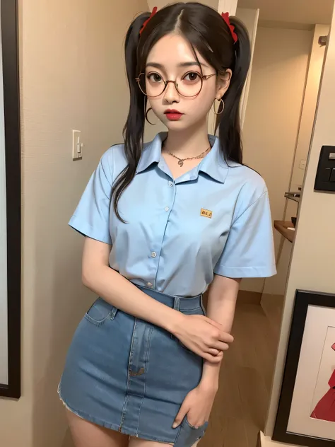 (Best Quality、8k、32K、masterpiece、Hmph:1.2)、Light blue wall、sexy、((14))、(((thin frame round glasses))、Cute Japanese women photos、((Red earrings))、Lip Piercing、((Ear Piercing３t))Short Twin Tails、Red lipstick、sexy、thin、Slender、(Small breasts)、Double eyelids、S...