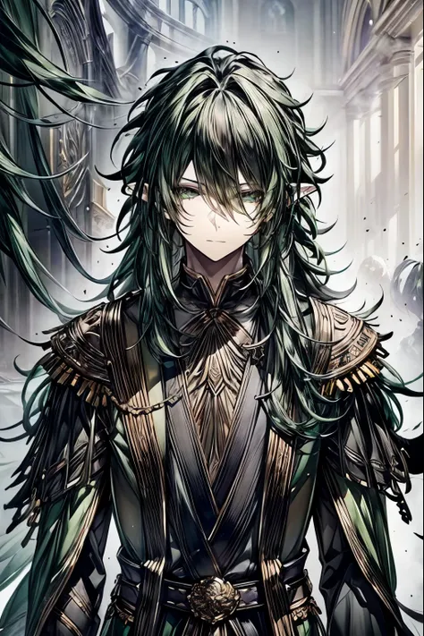 (masterpiece, best quality, perfect face, expressive eyes), 1boy, (male), long green hair, green eyes, elven ears, brown fur-tri...