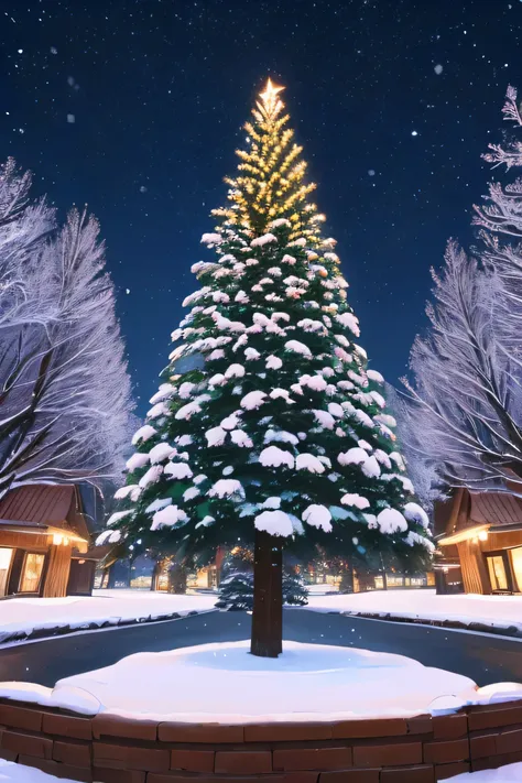 A large, undecorated fir tree in the center of a winter town、Night Sky、Snow is piling up