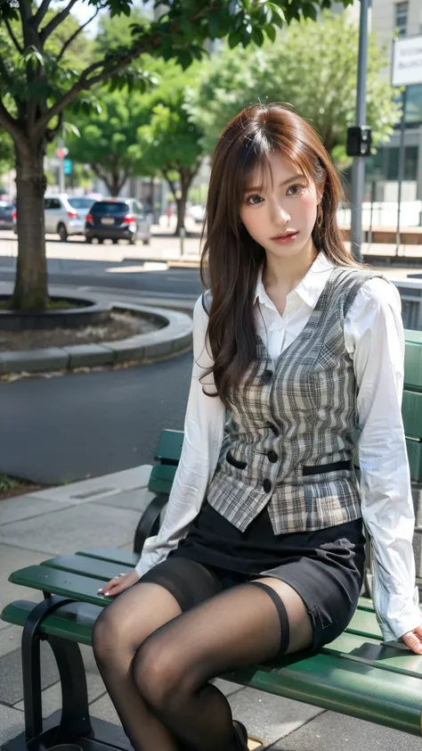 ulzzang-6500-v1.1, (RAW Photos:1.2), (Photorealistic), (Genuine:1.4), １girl、Perfect Anatomy、4、Looking at the camera、Medium Long Hair、Plaid vest、((Sitting on a bench:1.3))、(Ultra-realistic pantyhose:1.2), (High heels)、(Business services)、