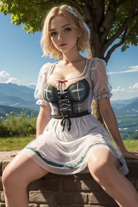 (drooping eyes, round face), ecstasy, ((completely transparent see-through (dirndl) on the naked)), open legs, outside, mountain, (blonde hair),