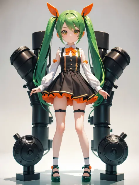 Chibi, kawaii, arms and legs much shorter, head larger, Nendoroid, legs even shorter, forehead out,
Thin arms and legs, large shoes, 3D, full body shot, one girl, green hair, short twin-tails, orange ribbon,
Thin Hair, Clear Face
Carrots on white backgroun...