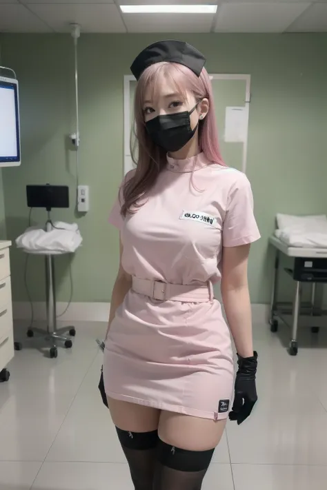 black nurse, 1girl, solo, black nurse cap, black wear, ((black legwear, zettai ryouiki)), black elbow gloves, pink hair, green eyes, drooping eyes, ((black surgical mask, covered nose)), standing, ((surgery room)), sharp outline, short sleeves, best qualit...