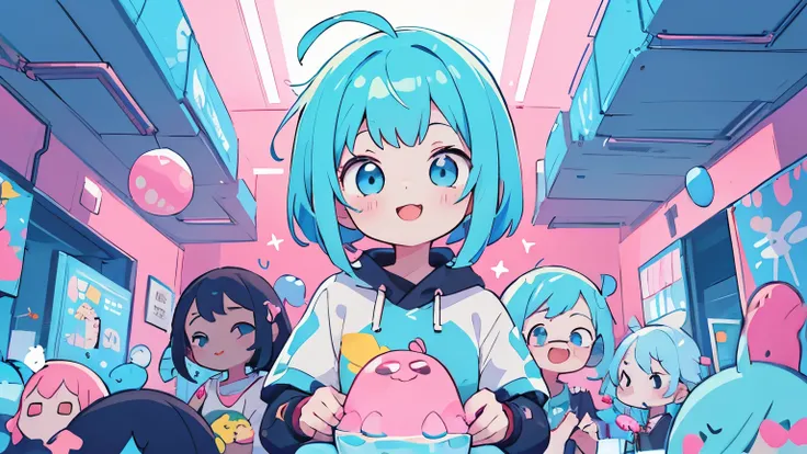 Vibrant Art,pop、bright、colorful, 1 female, Light blue hair,　Short Hair、happy,cute, Animation Style, cute, clearly, colorful cyberpunk, bubblegum pop, cute、Pink and light blue as main colors、I&#39;Cheer loudly、　Wearing headphones、Headphones、