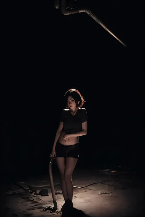 (((in the pitch-dark, high contrast lighting))), ((round face, showing off masturbation, pubic hair, hit her crotch against the pipe, panties, large areolas)), blouse, earrings, very short hair, (((abandoned dim factory))),