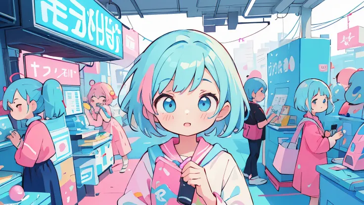 Vibrant Art,pop、bright、colorful, 1 female, Light blue hair,　Short Hair、happy,cute, Animation Style, cute, clearly, colorful cyberpunk, bubblegum pop, cute、Pink and light blue as main colors、I&#39;Cheer loudly、　Wearing headphones、Headphones、