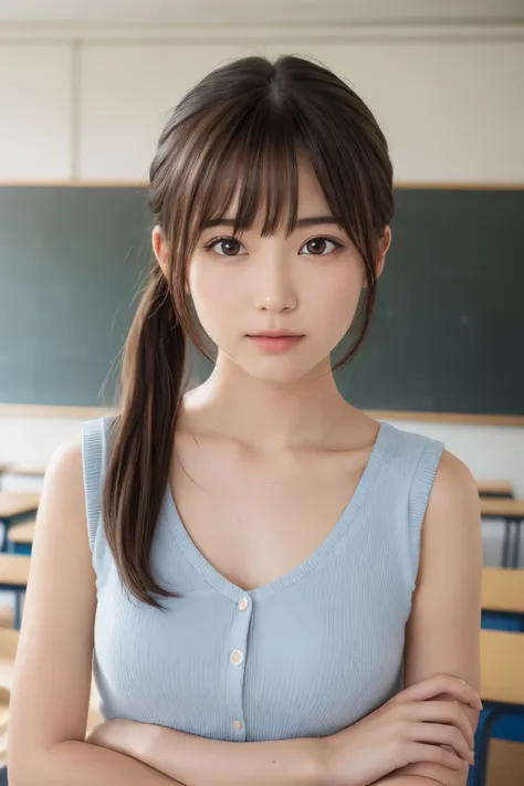 One Girl, (Beautiful girl, Delicate girl:1.3), (Side Ponytail:1.3),
break, (High school girl:1.3),
break, Very fine grain definition, (Symmetrical eyes:1.3),
break, (classroom:1.3),In front of the blackboard、
break, Small breasts, Brown eyes, Parted bangs,...