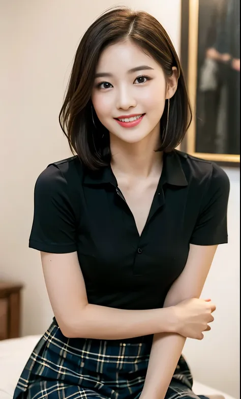 (A stunning Korean lady, dark bedroom, white short-sleeve short, mini-skirt, plaid tie, plaid skirt, youthful charms, smooth complexion, beautiful detailed face, beautiful detailed eyes and lips, long eyelashes, slender figure, perfect body proportion, sed...