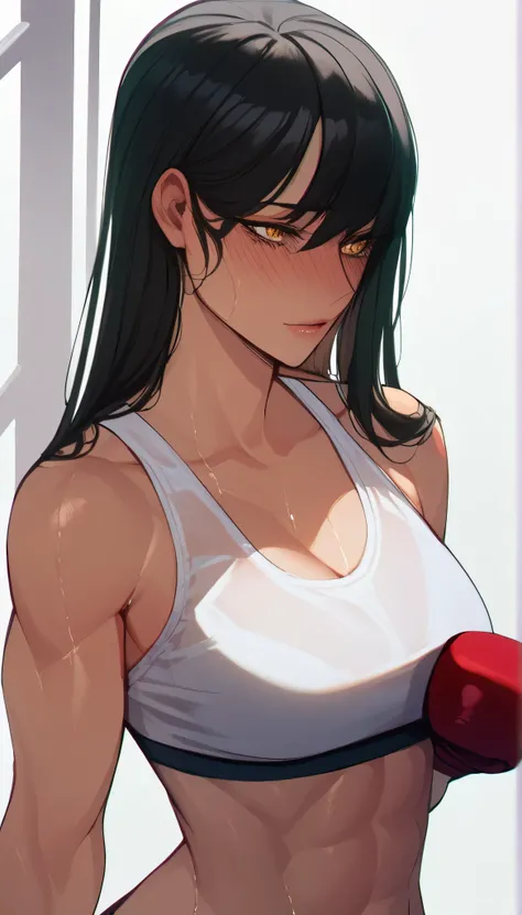 black hair,masterpiece,best quality,highres,ultra-detailed,aashizue,yellow eyes,long hair,(sports bra:1.2), boxing gloves, toned, muscular,sweating, (sleeveless:1.4)