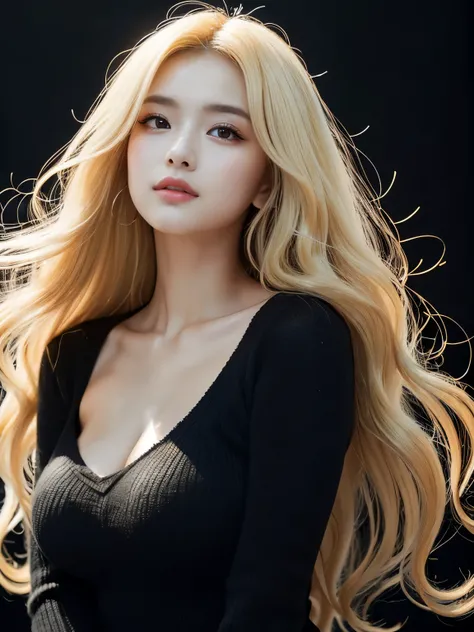 ((((blonde、Super long hair、とてもLong Hair、Fluffy Wave、Black background、blonde、Look forward、Nordic)))))))、blonde、Tabletop, Highest quality, Photorealistic, In detail, High resolution, 8k wallpaper, Perfect dynamic composition, Beautiful attention to detail, L...