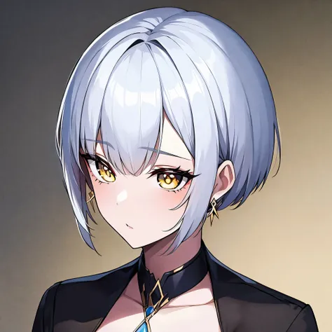 1 girl, 
, white hair, earrings, yellow eyes,short hair, X-shaped pupils