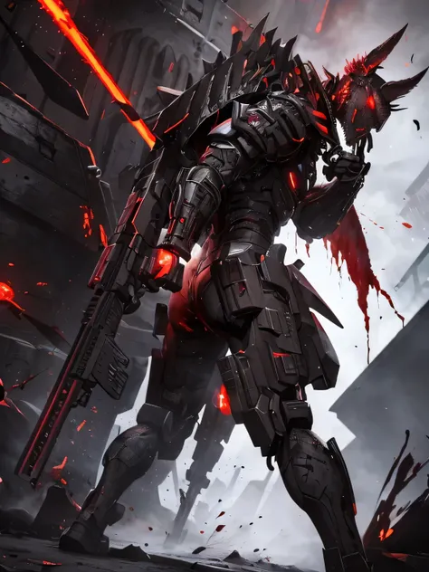 Demon, a lot of blood going around the place, Chain with darkness, Black smoke, black cool cyborg slim body fast armor, Magnum Gun, Gun weapon, sci-fi looking armor. Speed thin but fast armor, ShotGun, holding gun in one hand, Gun Blade, Gun knight